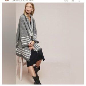 Anthropologie Portland Collar Kimono Sweater Fringe Gray White Stripe OS